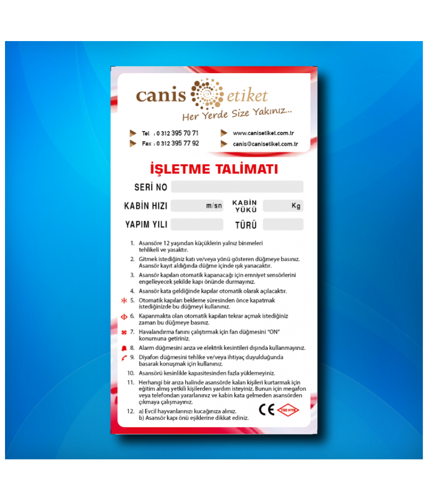 Asansör İşletme Talimatı Etiketi Kabin İçi/Dışı