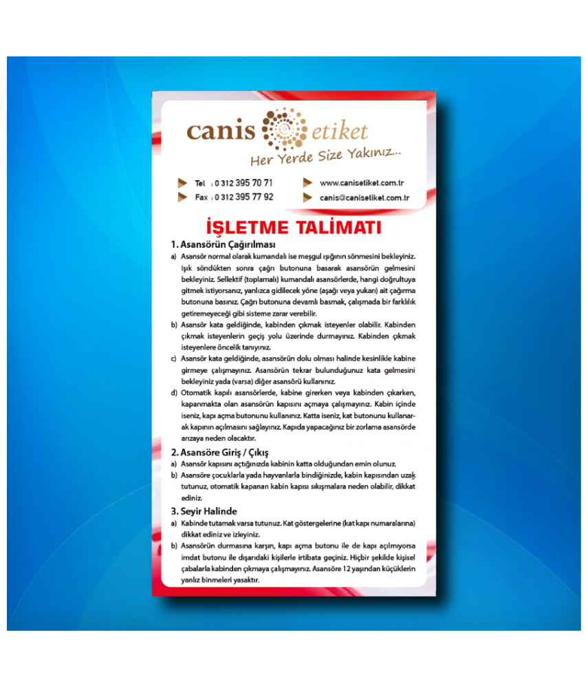 Asansör İşletme Talimatı Etiketi Kabin İçi/Dışı