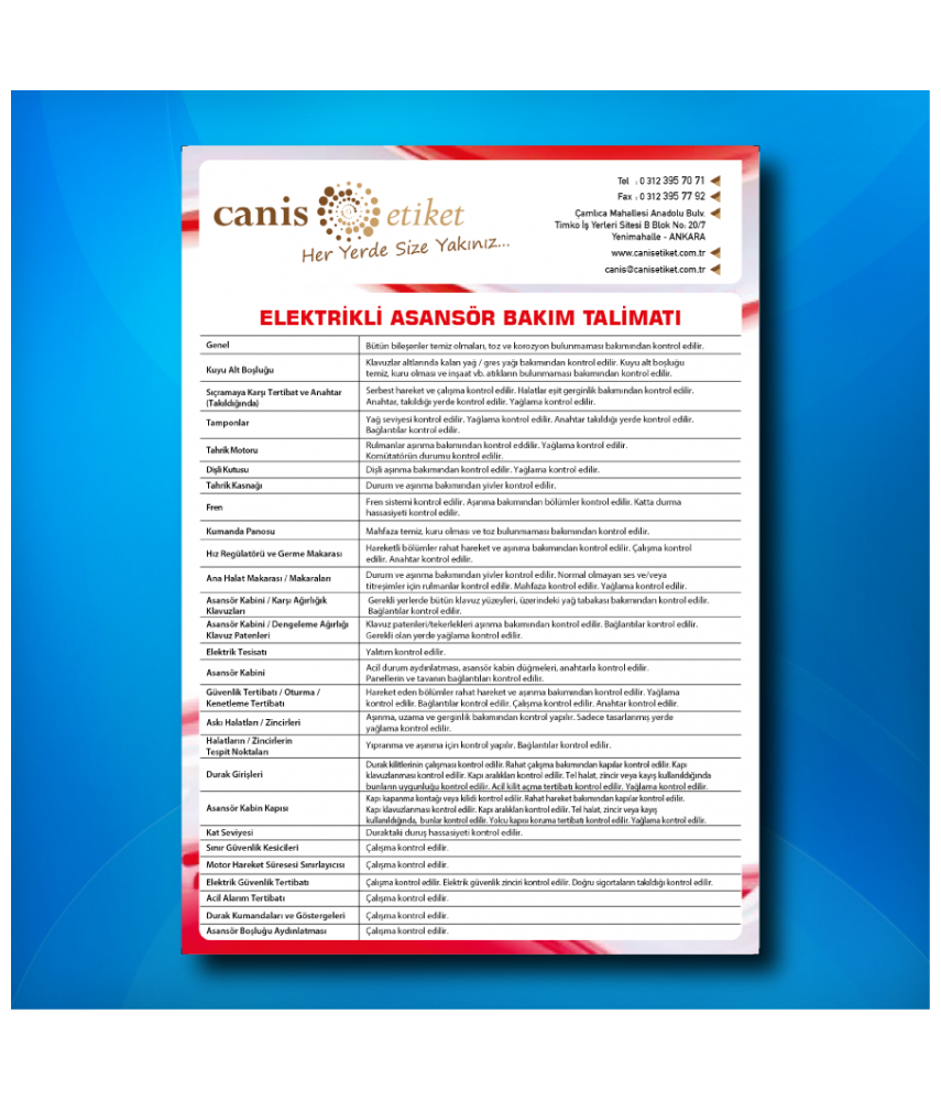 Asansör Bakım Talimatı Etiketi