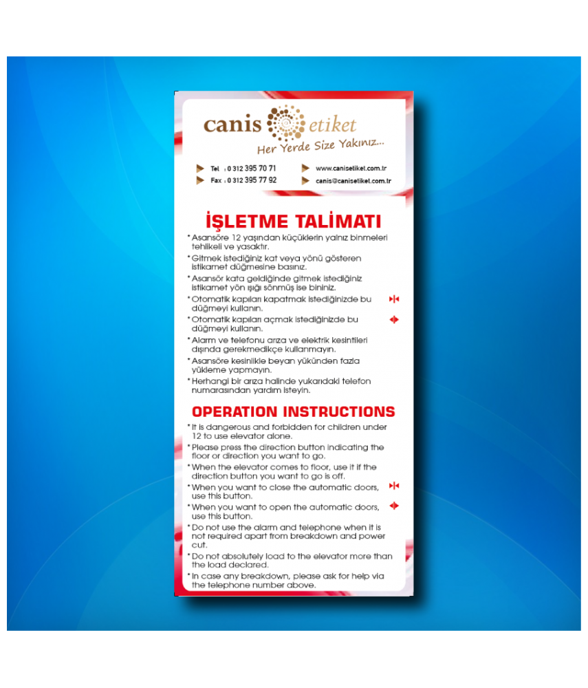 Asansör İşletme Talimatı Etiketi İngilizce/Türkçe