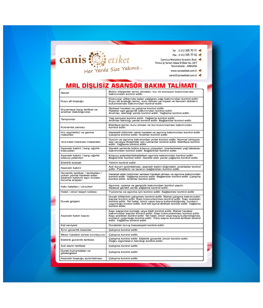 Asansör Bakım Talimatı Etiketi