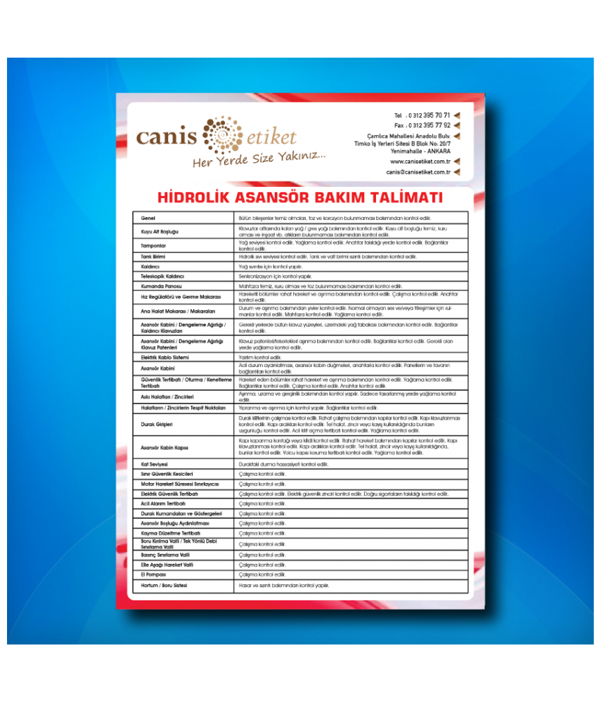 Asansör Bakım Talimatı Etiketi