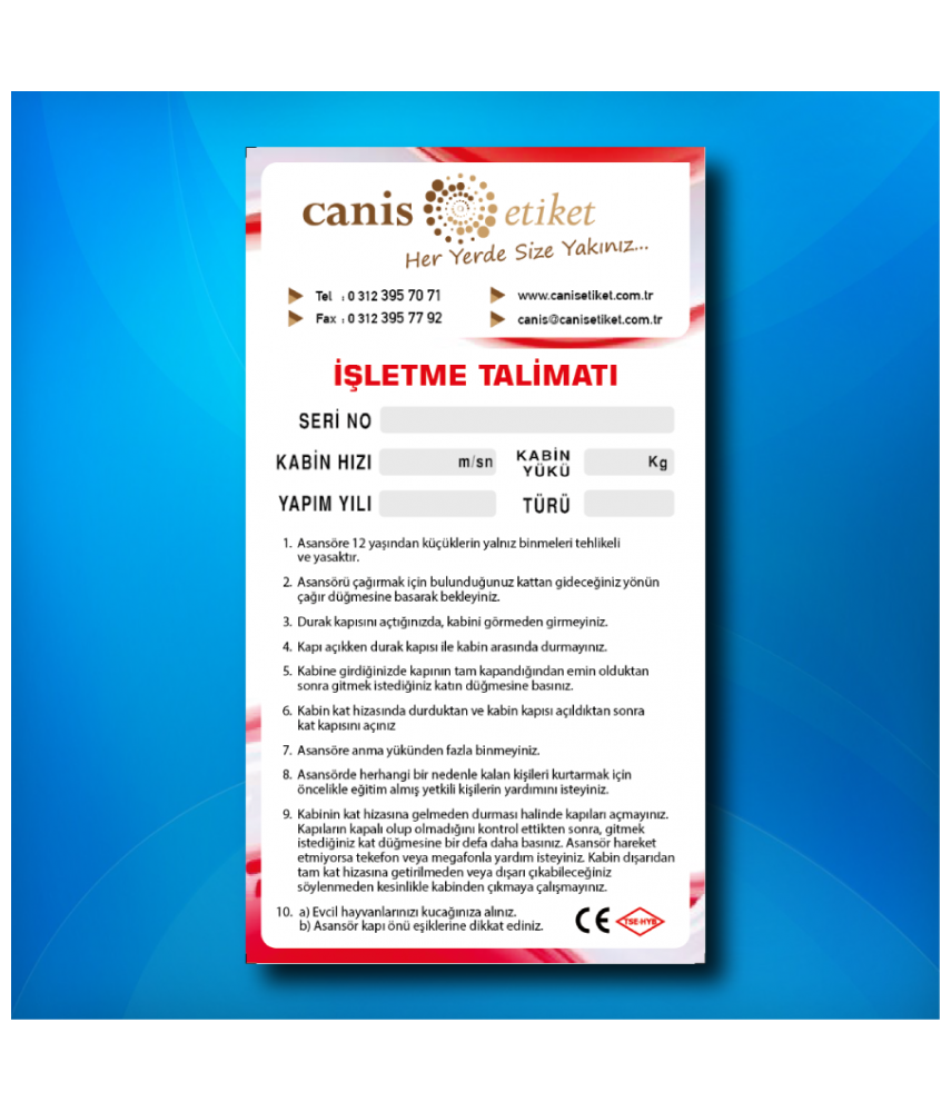 Asansör İşletme Talimatı Etiketi Kabin İçi/Dışı