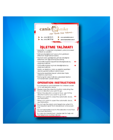 Asansör İşletme Talimatı Etiketi İngilizce/Türkçe
