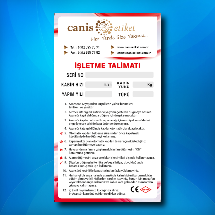 Asansör İşletme Talimatı Etiketi Kabin İçi/Dışı