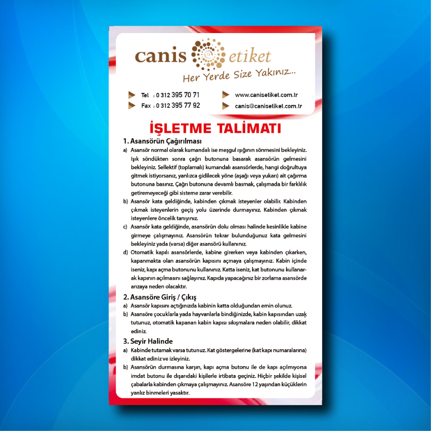 Asansör İşletme Talimatı Etiketi Kabin İçi/Dışı