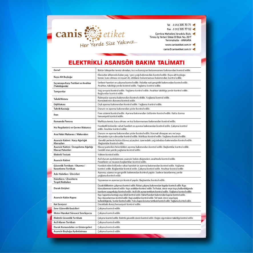 Asansör Bakım Talimatı Etiketi