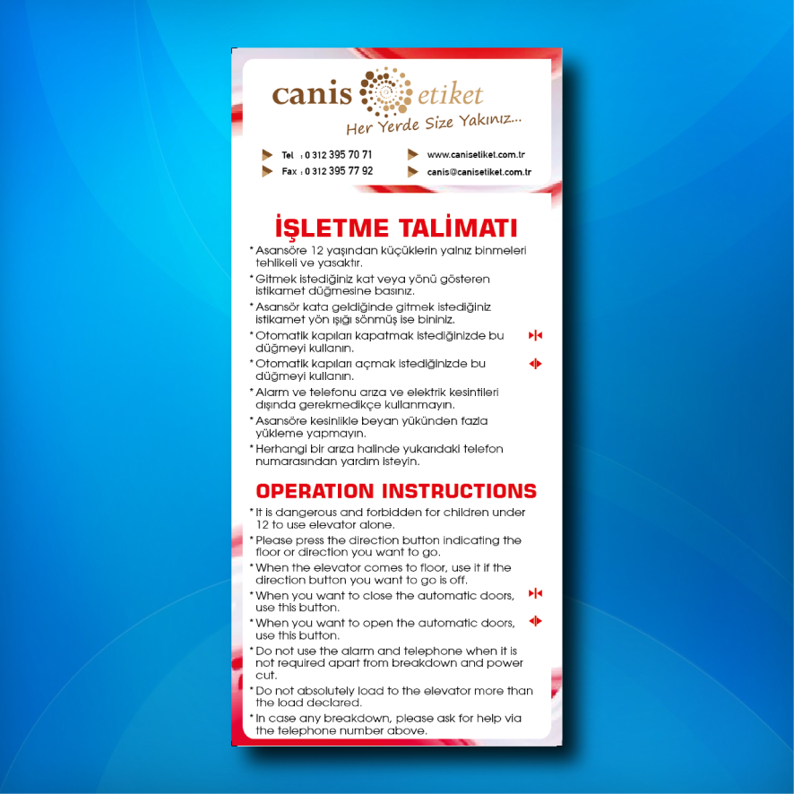 Asansör İşletme Talimatı Etiketi İngilizce/Türkçe
