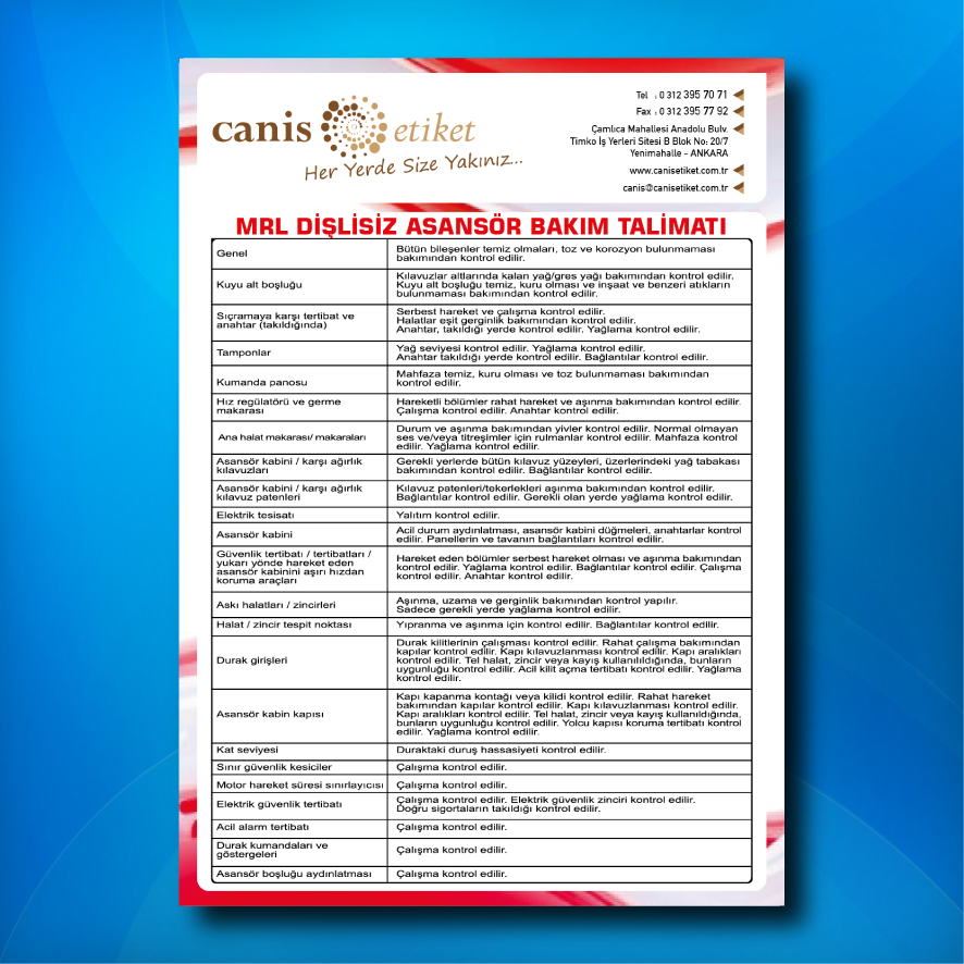 Asansör Bakım Talimatı Etiketi