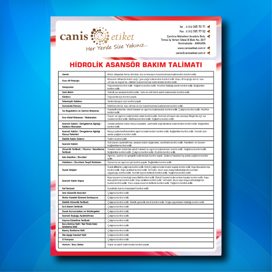 Asansör Bakım Talimatı Etiketi