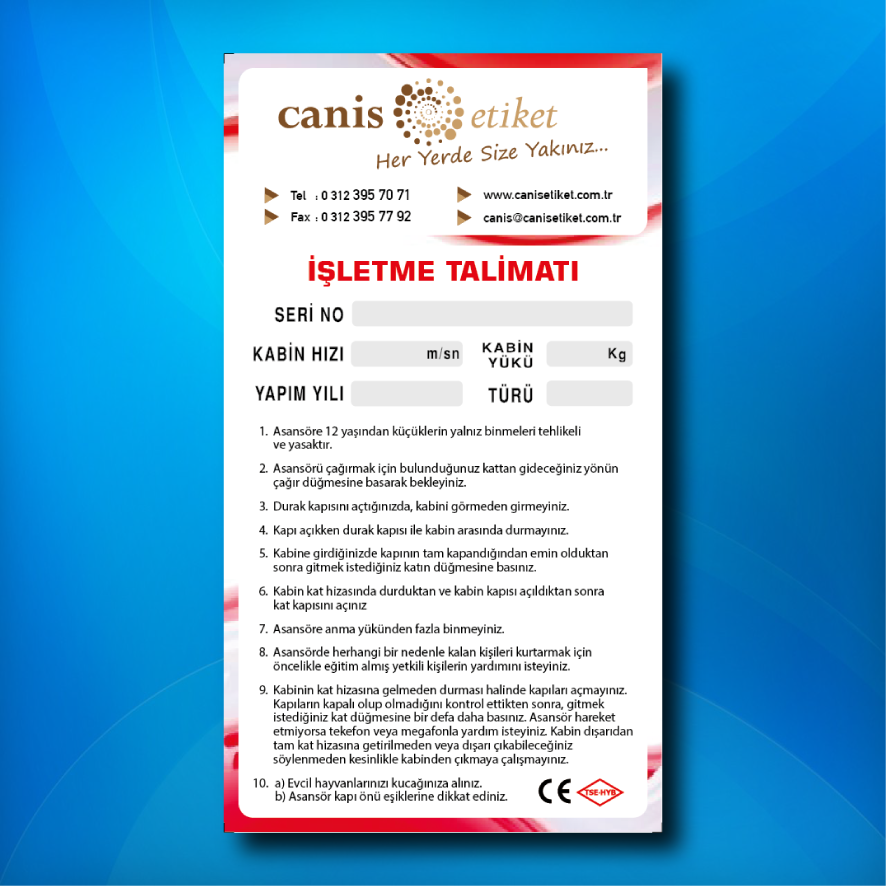 Asansör İşletme Talimatı Etiketi Kabin İçi/Dışı